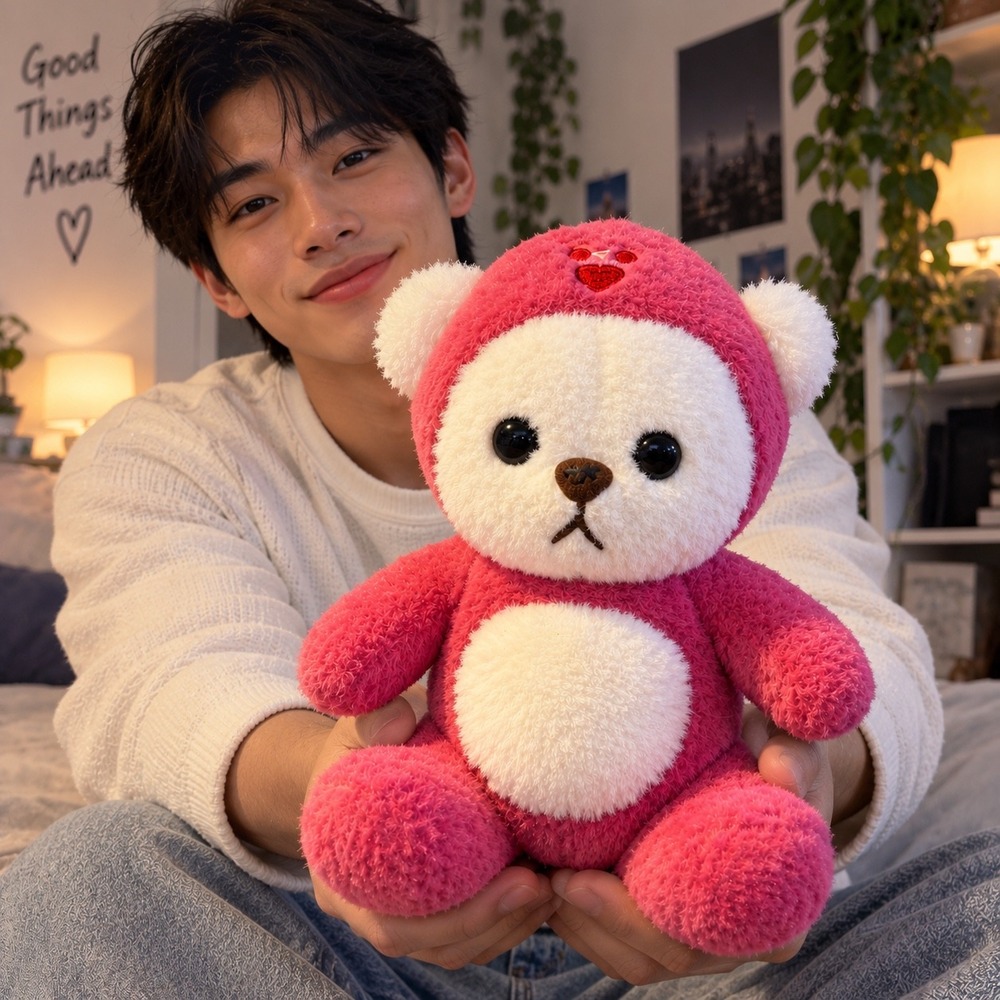 Pink and White Plush Bear with Heart Detail Kawaii Stuffed Animal Heuss-Puppe